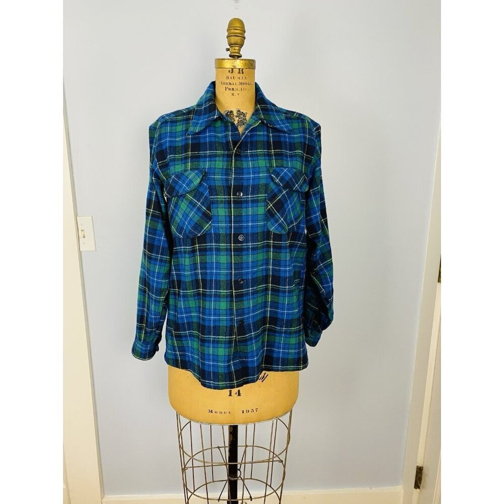 Vintage Pendleton Board Shirt Medium Blue Plaid Wool, Loop Collar, Flap Pocket
